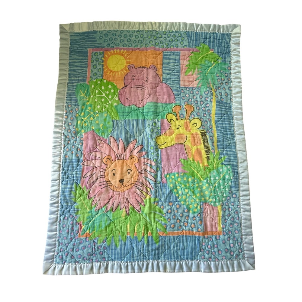 Vintage Jungle Safari Baby Quilt Lion Giraffe Hippo Blue Satin Ruffle Trim 33x44